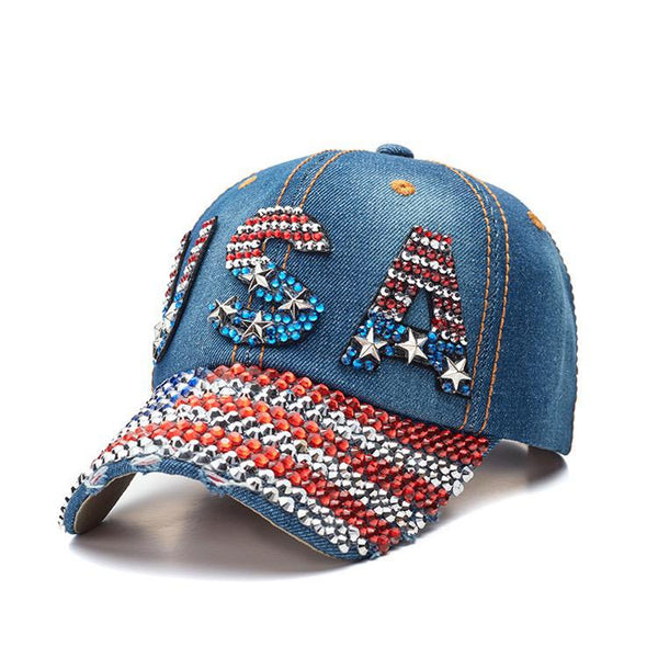 American Glory Rhinestone Flag Cap – Denim