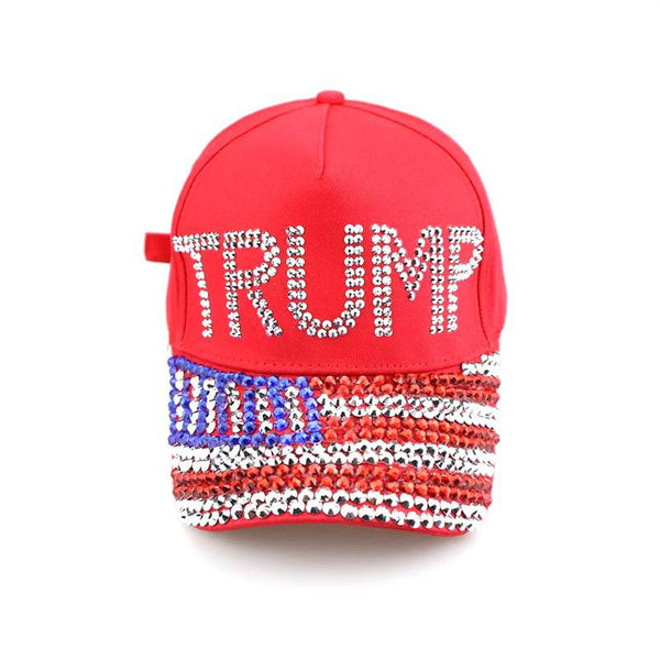 Trump Rhinestone American Flag Brim Cap - Red