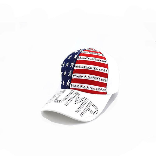 Trump Rhinestone America Flag Cap - White